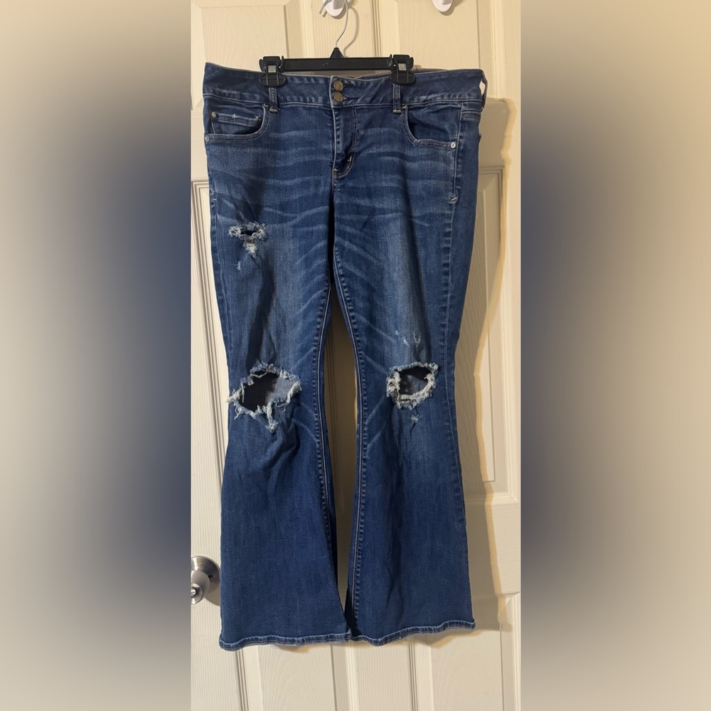 American Eagle Outfitters Blue Ripped Flare Super Stretch Jeans - Picture 2 of 11